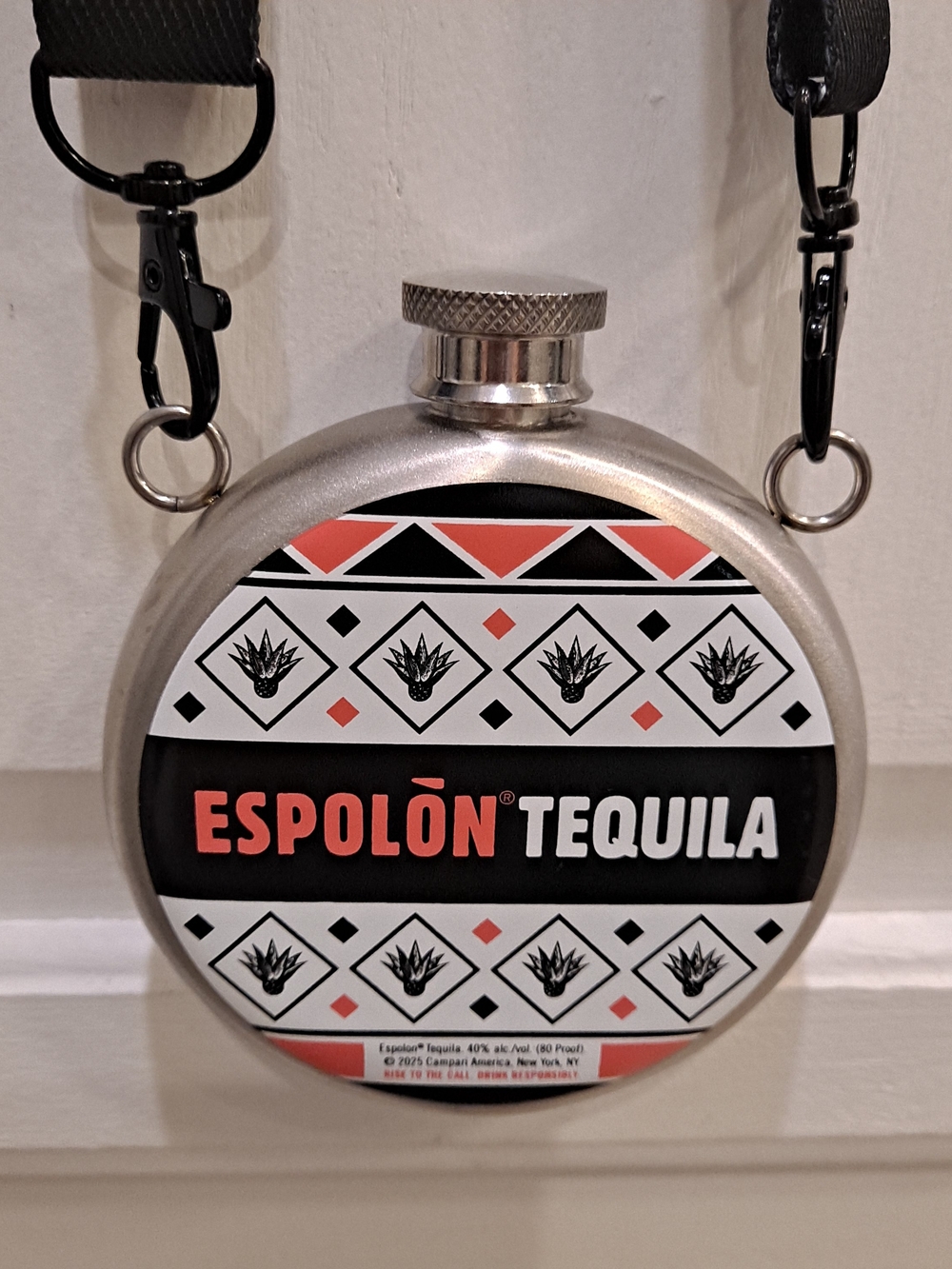 Espolon Stainless Steel Silver Hip Flask Black White & Coral Artwork Festival